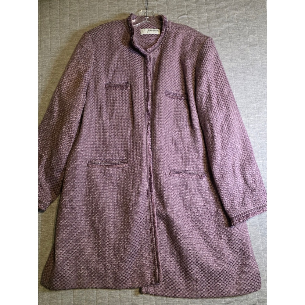 1423 Sag Harbor Woman Purple Textured Fringe Longline Open Front Jacket Coat